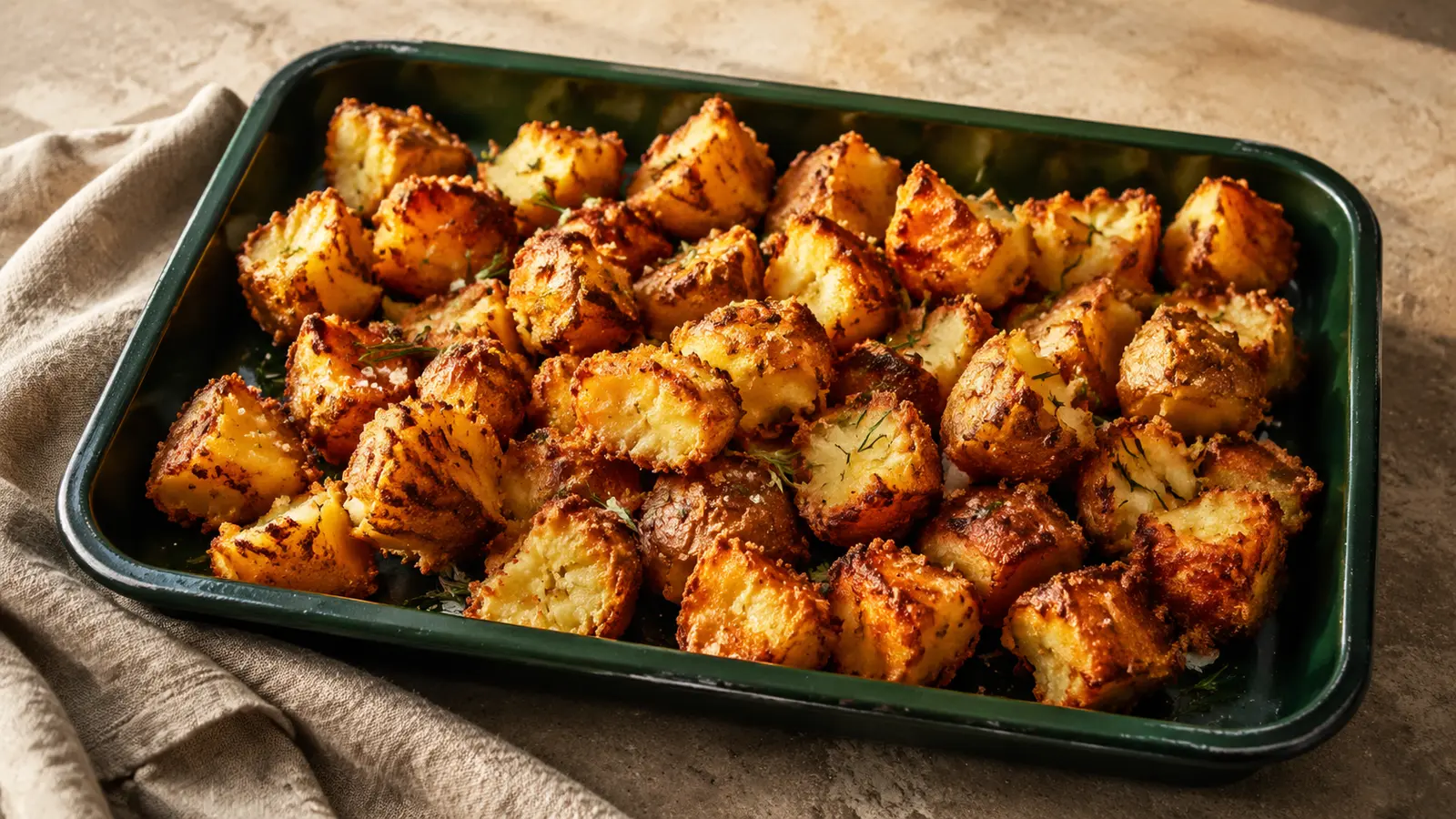 Extra-crispy roast potato chunks with rough golden edges on a dark green enamel tray