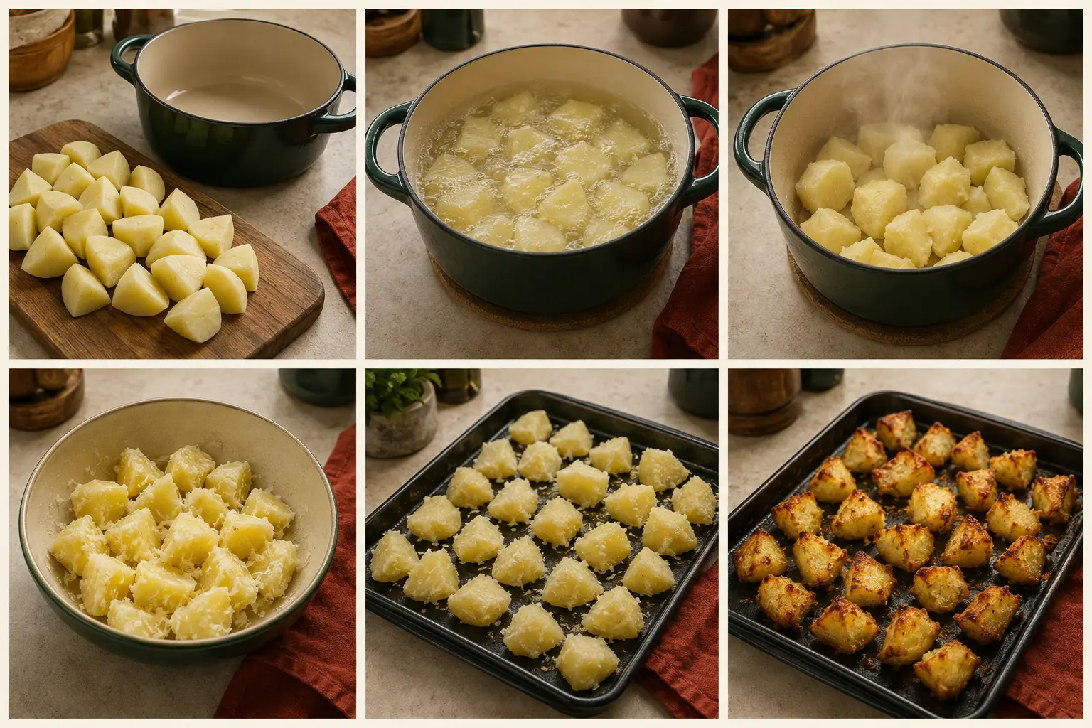 Six-stage visual guide showing potatoes cut, parboiled, steam-dried, roughed, spaced and roasted