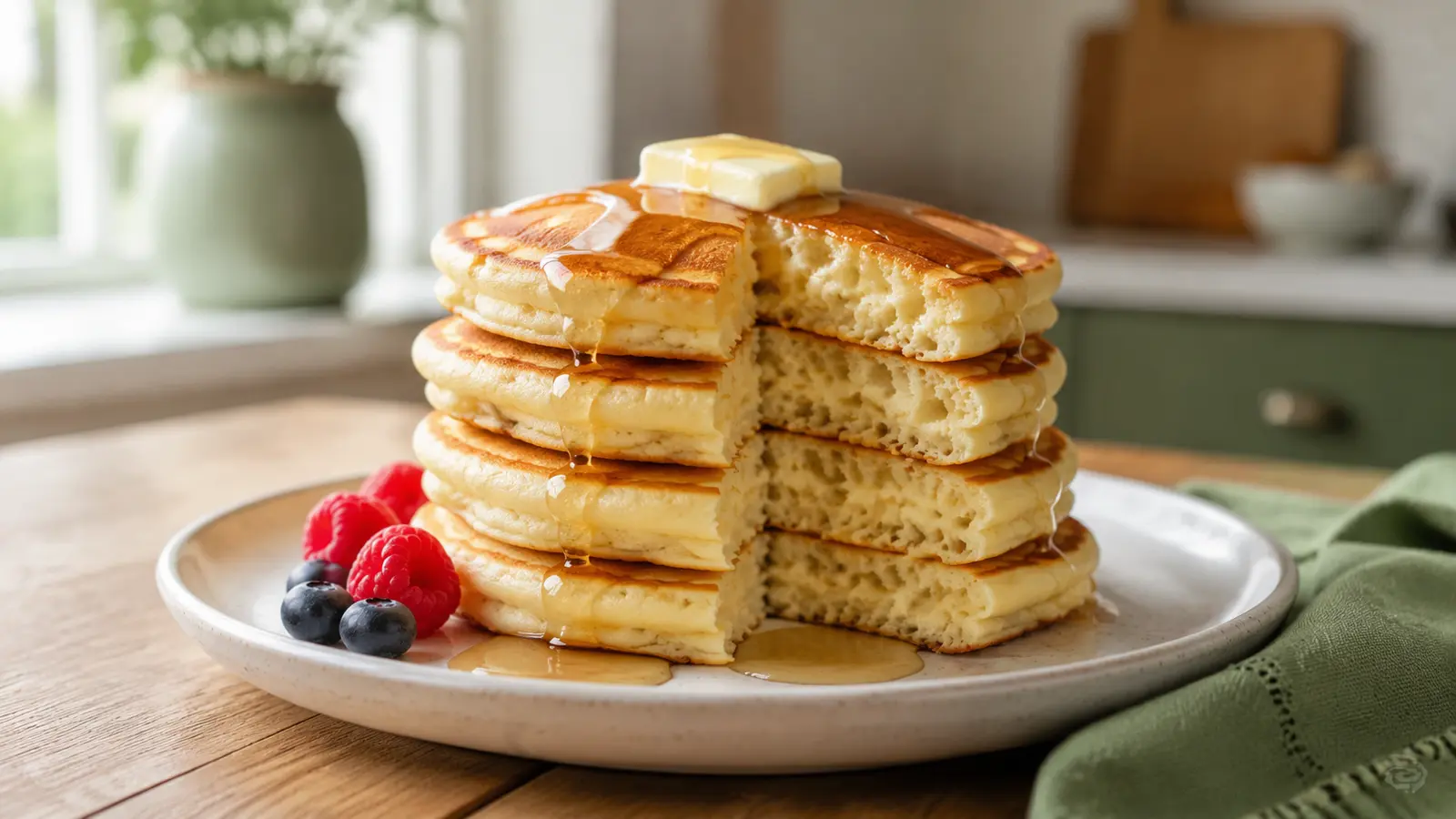 Tall stack of evenly golden buttermilk pancakes with a tender airy crumb