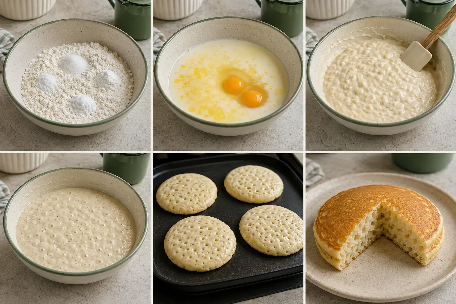 Six-stage visual guide showing dry ingredients, wet ingredients, lumpy batter, rested batter, griddle bubbles and a fluffy cut pancake