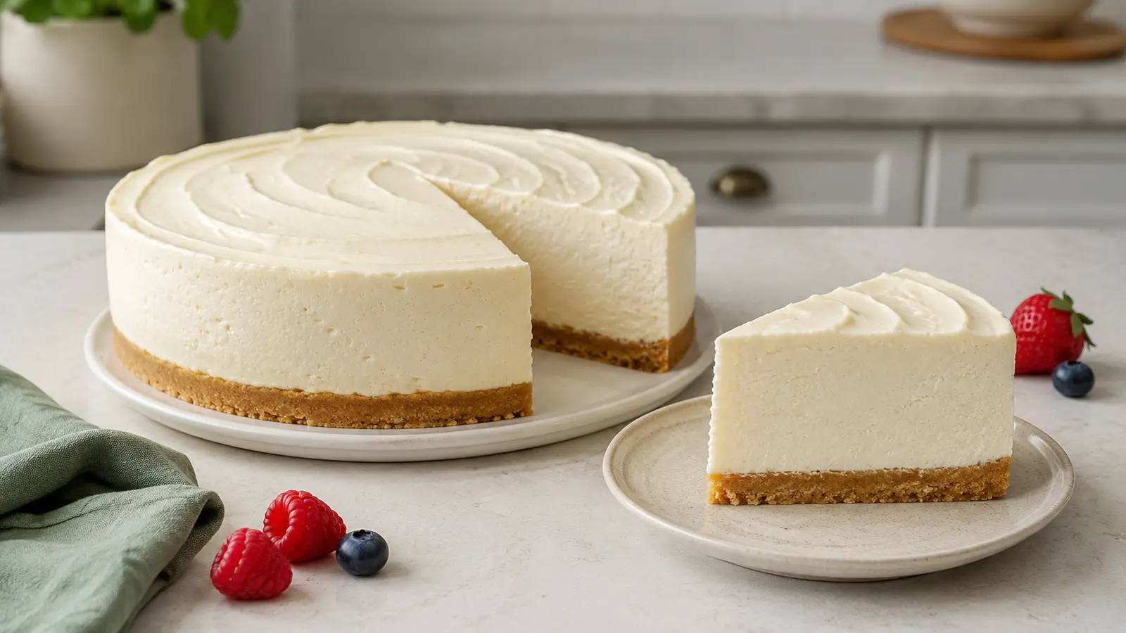 Tall no-bake cheesecake with a smooth cream filling, golden crumb crust and one clean slice