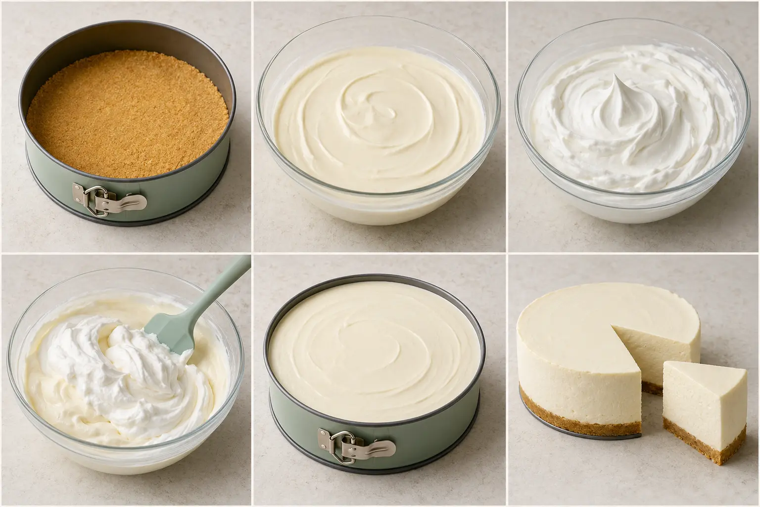 Six-stage visual guide showing crumb crust, smooth cream cheese, whipped cream, folding, filling the pan and a chilled slice