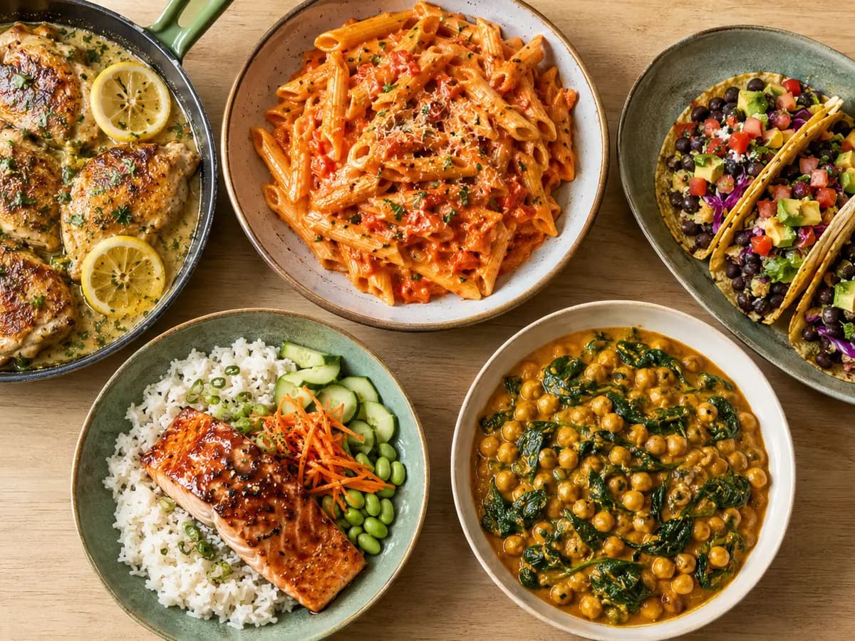 Five colorful quick dinners arranged on a pale wood table