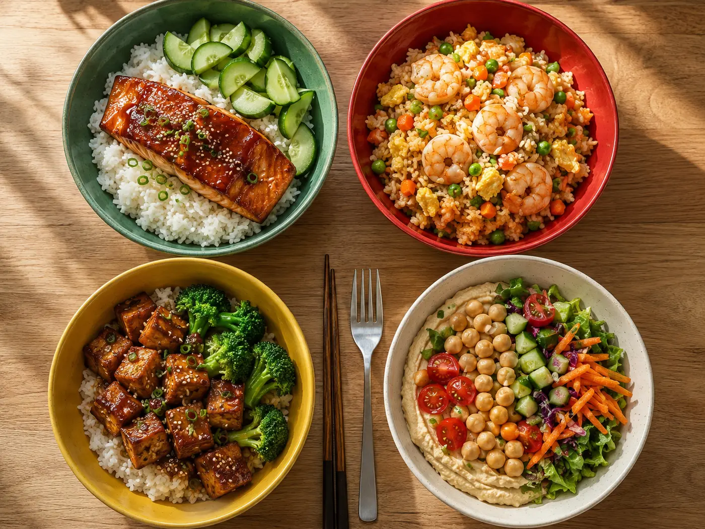Quick grain and rice bowls including ginger soy salmon and spicy chipotle black bean bowls