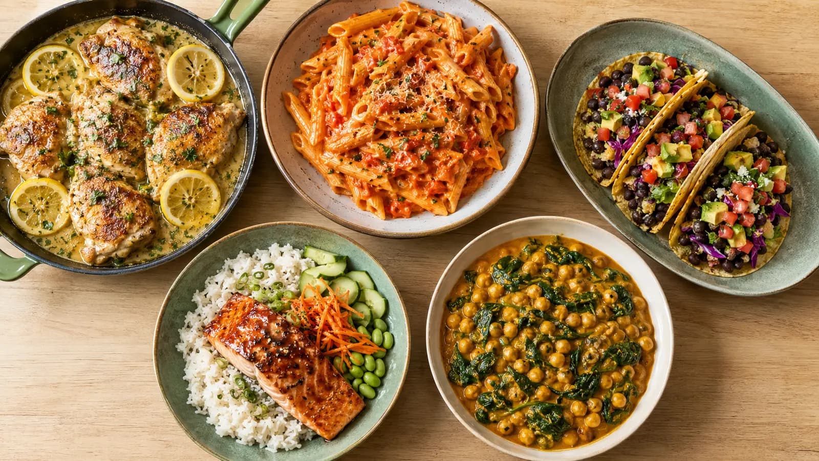 Five colorful 30-minute dinners including chicken, pasta, tacos, salmon rice and chickpea curry