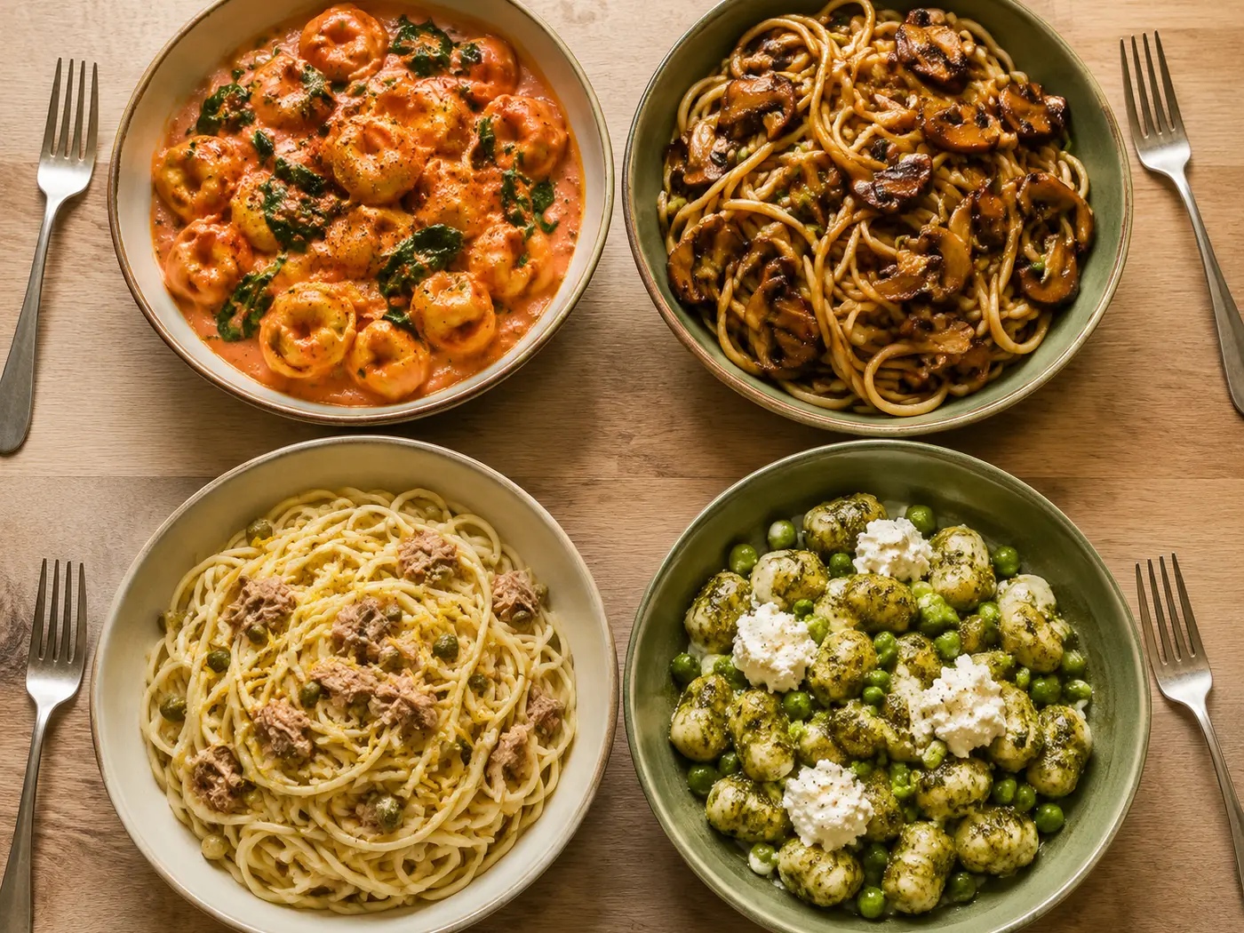 Fast pasta and noodle dinners including parmesan garlic shells, chili crisp peanut noodles, and lemon ricotta pasta
