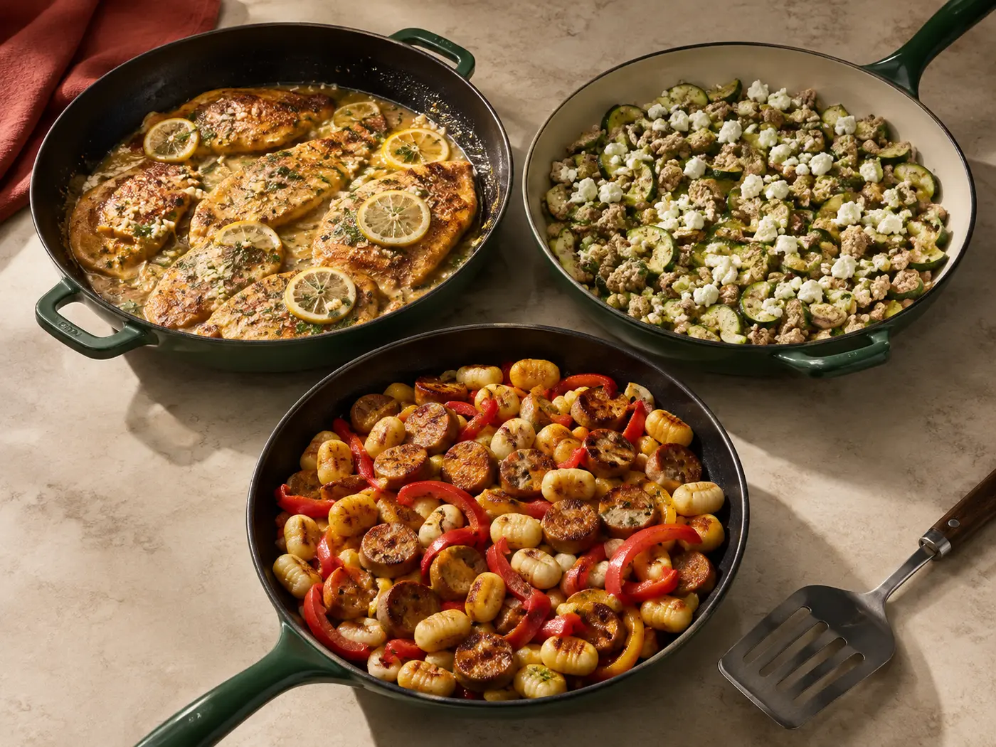 Three 30-minute skillet dinners with chicken cutlets, ground turkey zucchini, and crisp sausage gnocchi