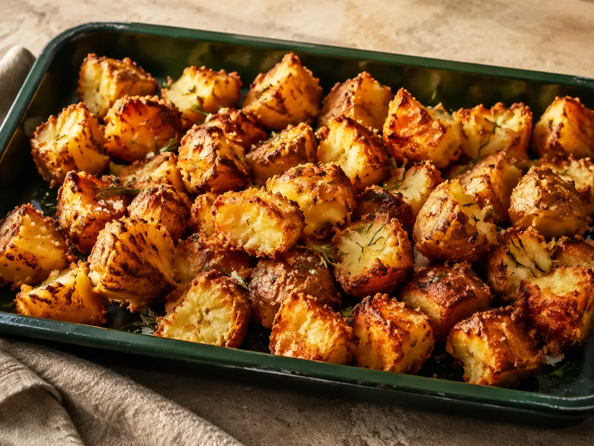 Extra-crispy roast potato chunks on a green enamel tray