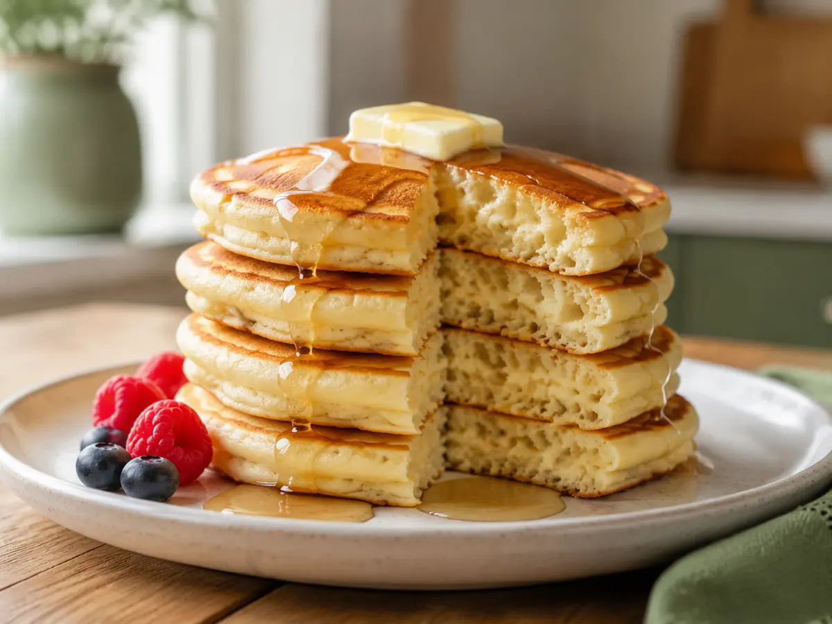 Golden buttermilk pancake stack showing a tall airy interior