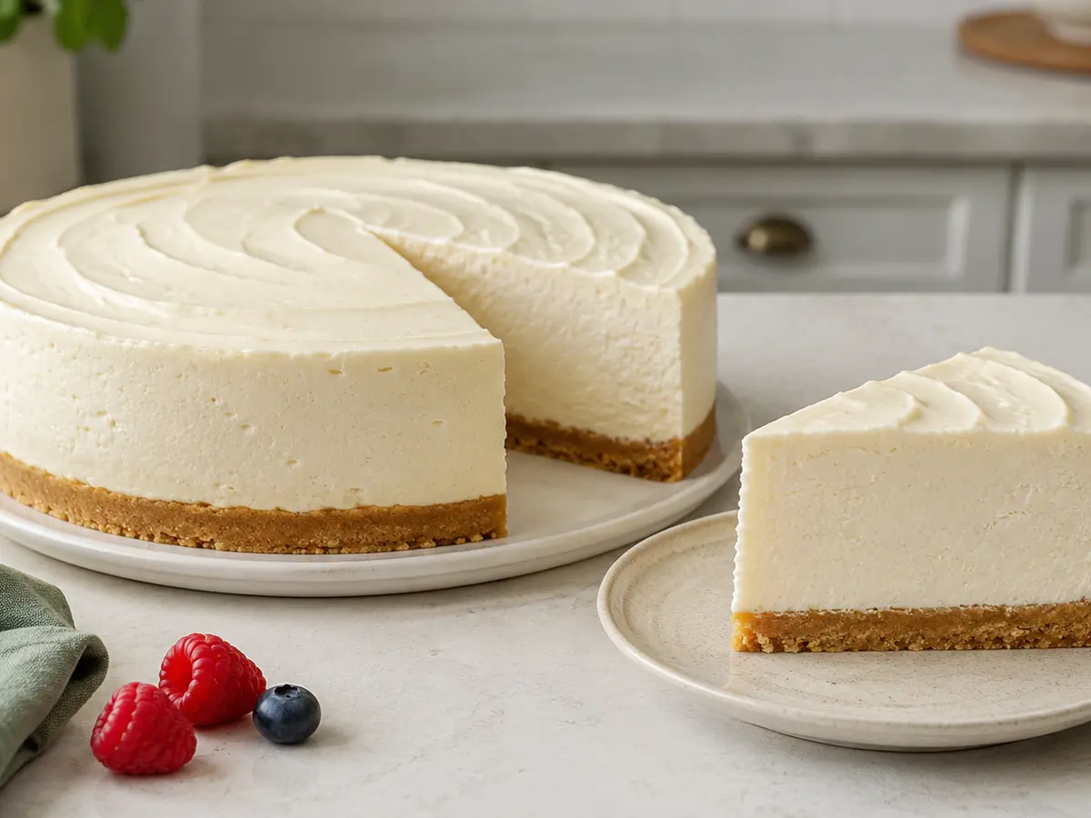 Tall no-bake cheesecake with a smooth cream filling and golden crumb crust