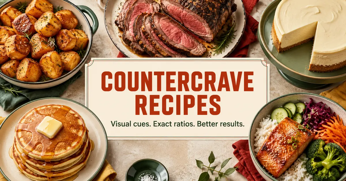 CounterCrave recipe collection with potatoes, prime rib, cheesecake, pancakes and salmon