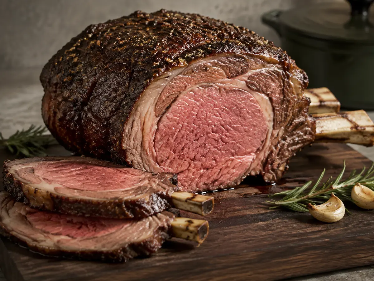 Herb-crusted prime rib with evenly rosy carved slices