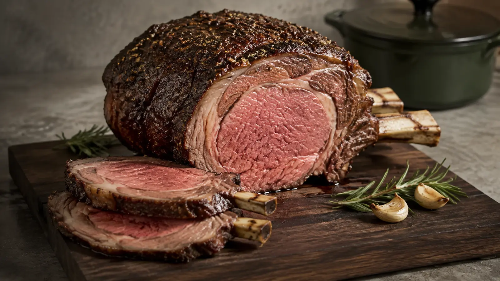 Reverse-seared bone-in prime rib with a dark herb crust and evenly rosy carved slices