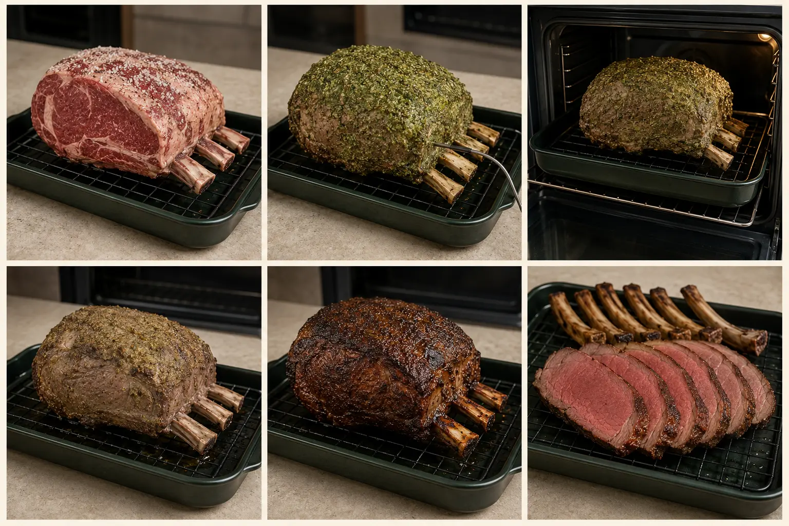 Six-stage visual guide showing dry brining, probe placement, low roasting, resting, high-heat searing and carving