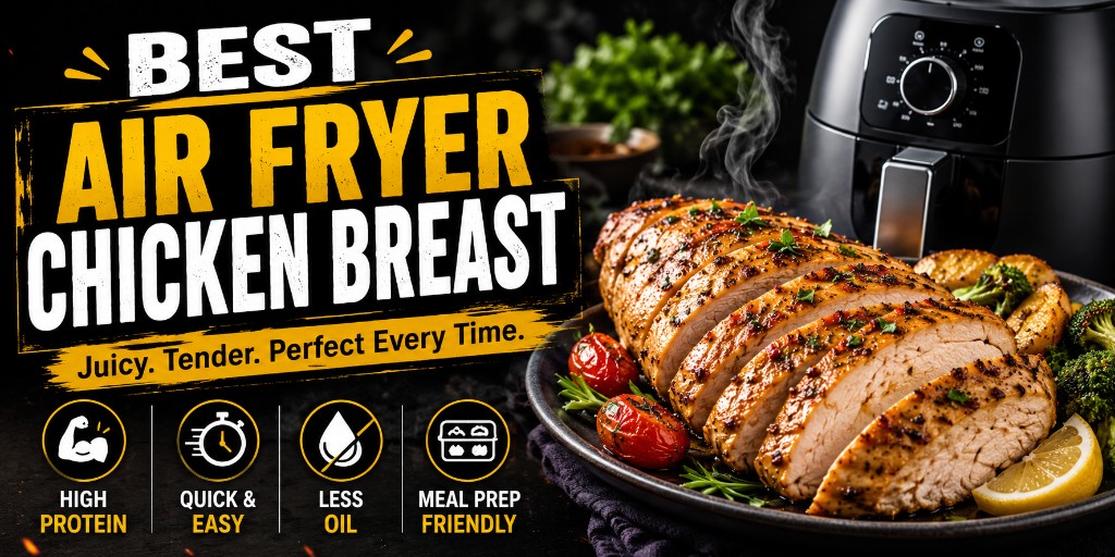 Best Air Fryer Chicken Breast — juicy sliced chicken breast with vegetables and an air fryer